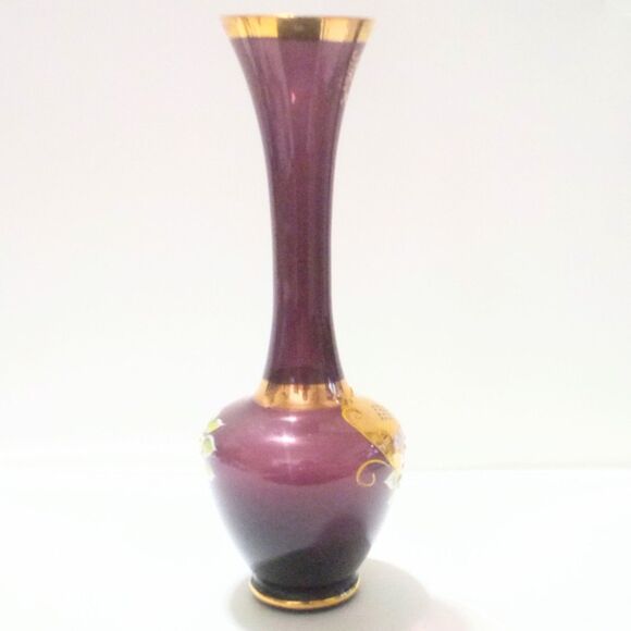 Vintage Bohemian Amethyst Glass Hand Painted Gold Trimmed Vase - Picture 4 of 6